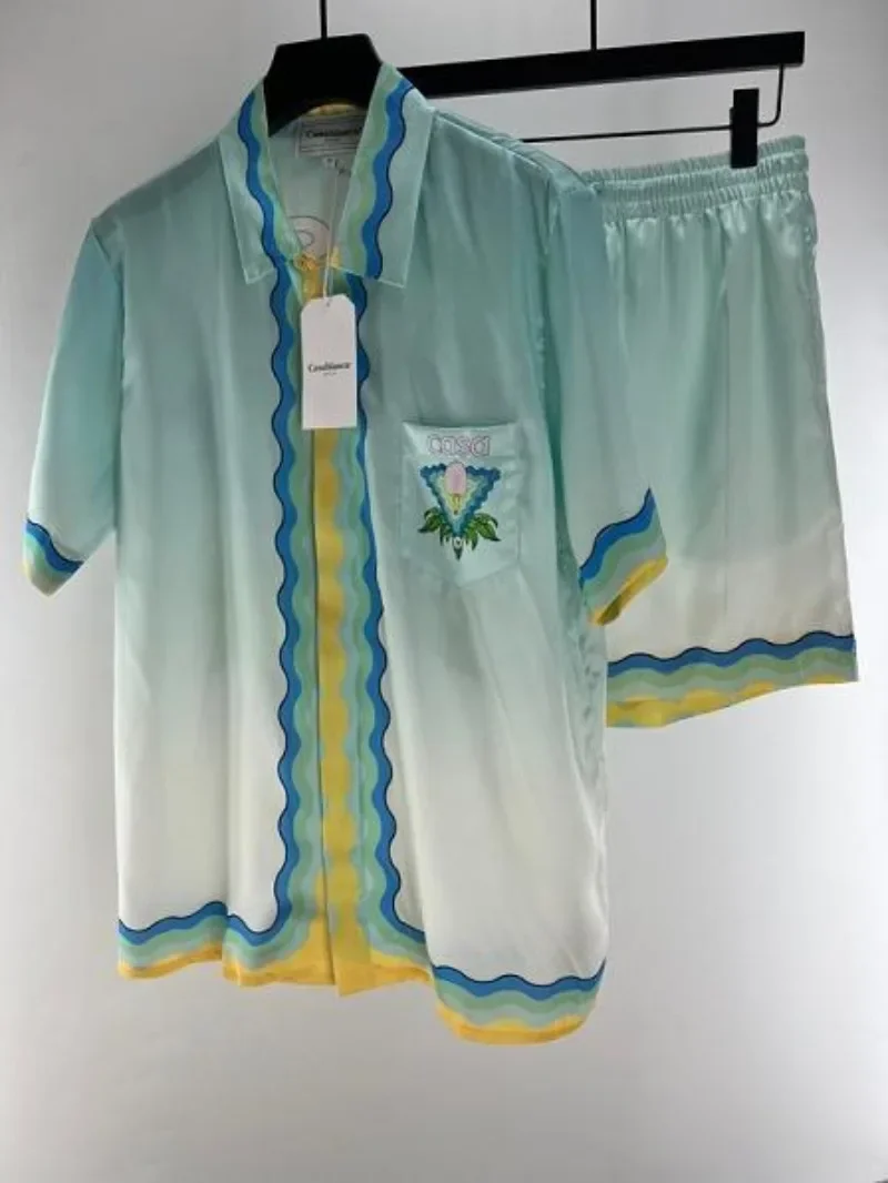 

High Quality 1:1 Soft Silk Casablanca Shirt Gradient Casual Couple Hawaiian Short Sleeve Shirt