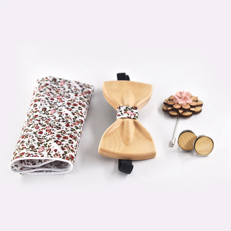 Mans Luxury Wooden Bowtie Floral Handmade Brooches Pin Square Towel Wedding Bussiness Party Apparel Accessories Bow Gift Box