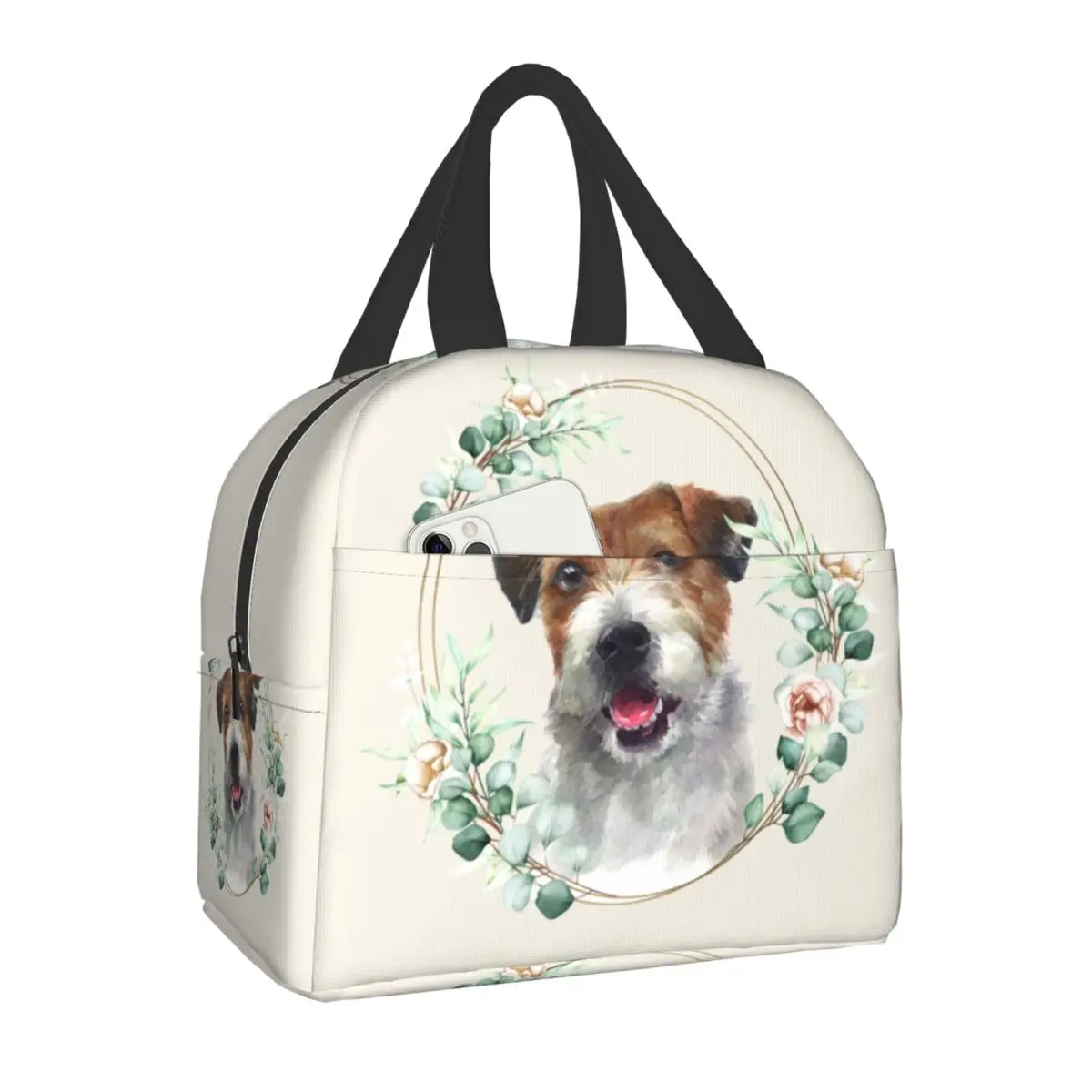 Jack Russell Terrier Dog In Floral Insulated Lunch Bag for Women Resuable Pet Lover Cooler Thermal Lunch Box Picnic Travel Bags