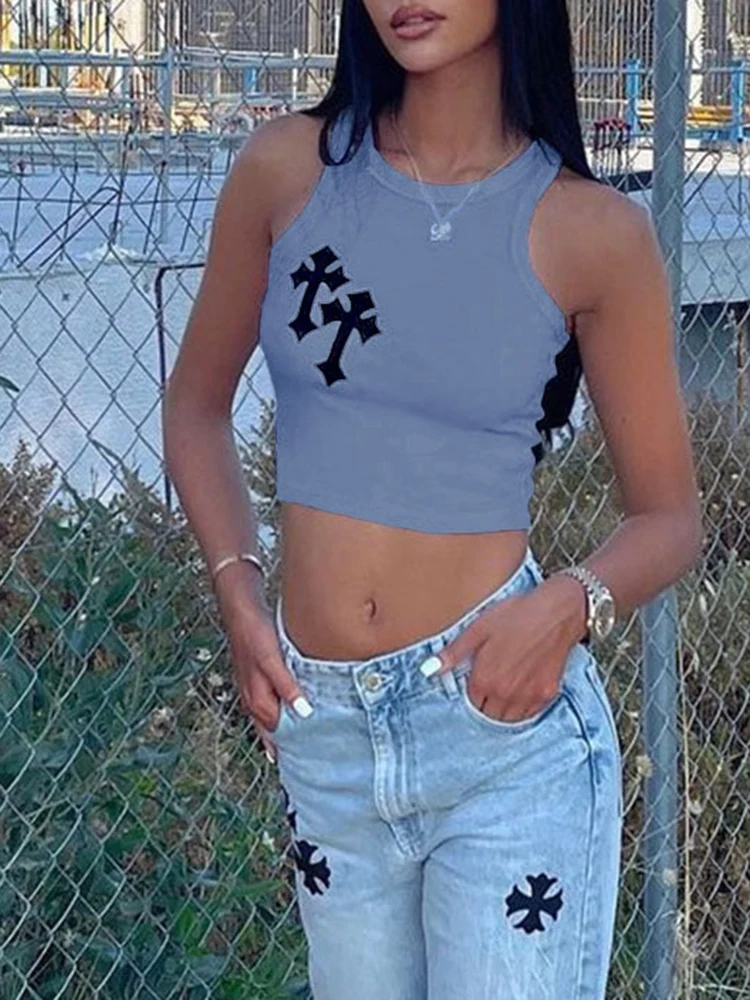 

Y2k Summer Sexy Crop Tops Cross Printed Fashion Sleeveless Off Shoulder O Neck Tops Women Basic Cropped Tee Tanks Vest 2022