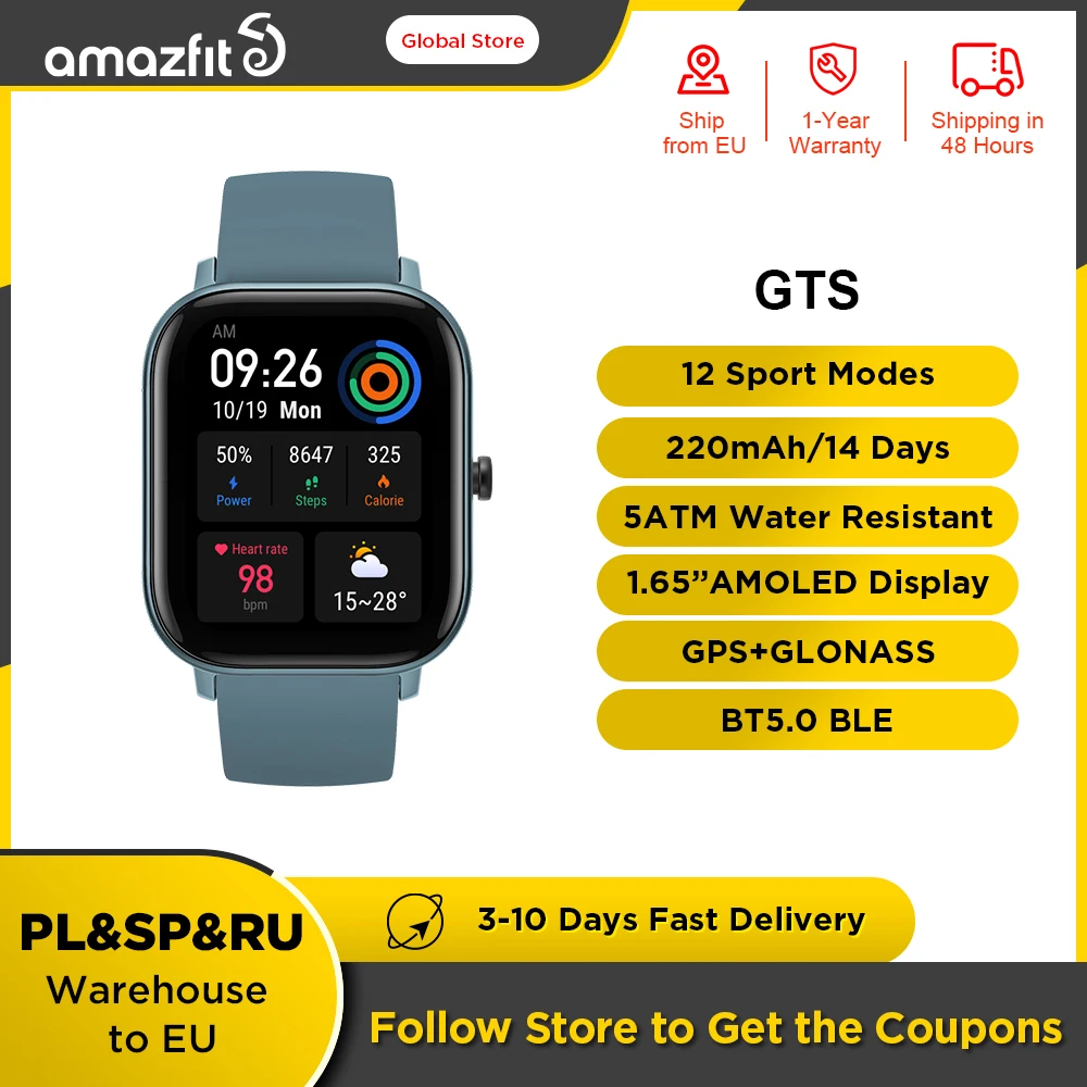 

Original Amazfit GTS Smart Watch 5ATM Waterproof 14 Days Battery Global Version Fashion GPS Smartwatch for Men For Android