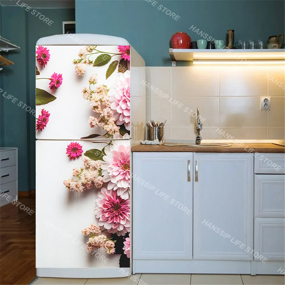 Blooming Flowers Fridge Art Mural Sticker Peel and Stick Home Decoration Wallpaper Kitchen Refrigerator Cabinet Floral Poster
