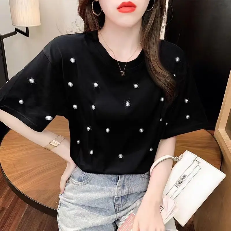 

Industry Beads Short-Sleeved T-shirt for Women Summer New Loose Design Sense Niche All-Matching Youthful-Looking Top