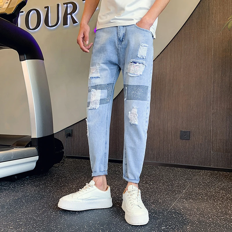 

Pantalon Homme Korean Summer Ankle Length Ripped Jeans For Men Clothing 2022 All Match Fashion Holes Casual Denim Pants Blue 34