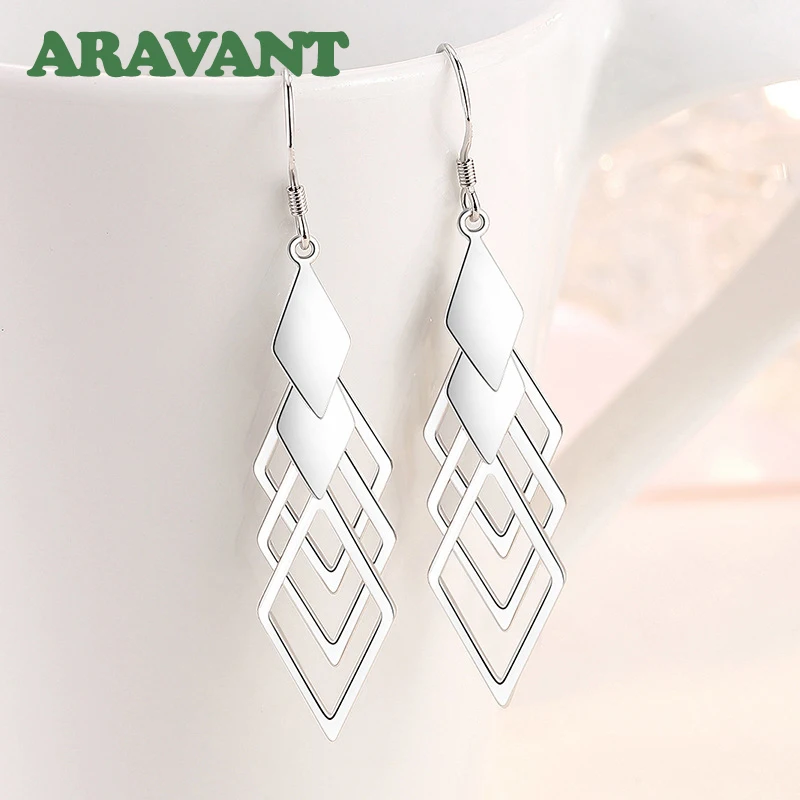

925 Silver Hollow Geometric Long Drop Earrings For Women Fashion Jewelry