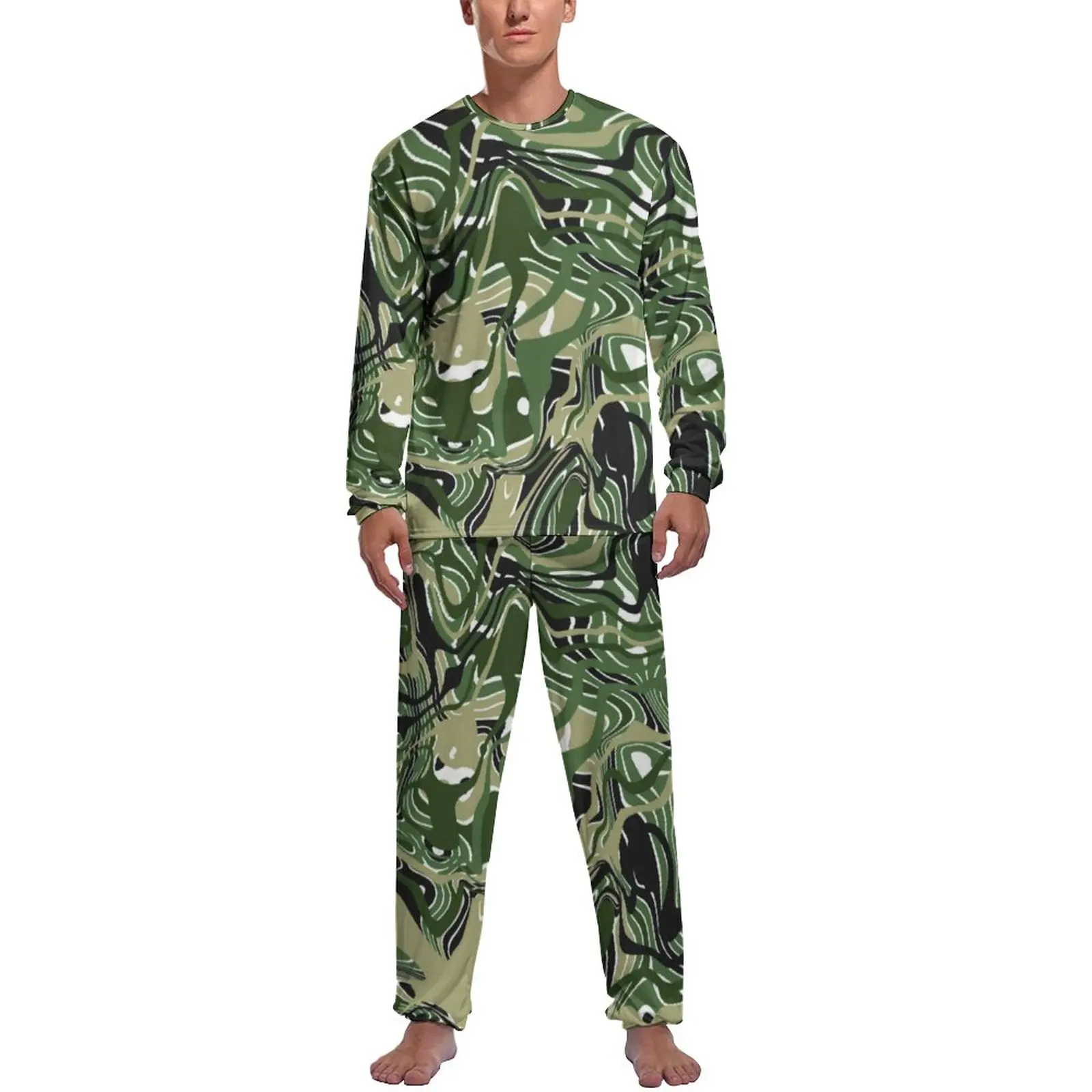 Abstract Print Pajamas Men Camo-like Liquid Kawaii Nightwear Spring Long Sleeves 2 Pieces Casual Printed Pajama Sets