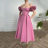cathy fairy 3d flower sleeves a line knee prom dress princess pink evening dresses sweetie satin short sleeves party dress