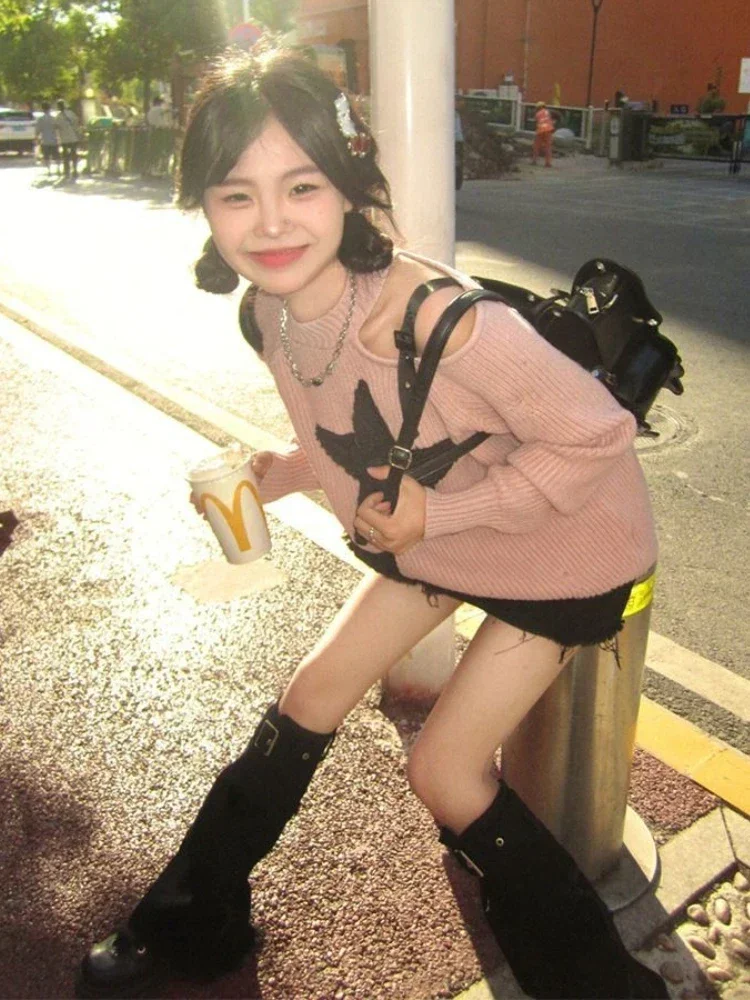 Y2K Эстетический розовый свитер в стиле Харадзюку для женщин Kpop гранж-звезда