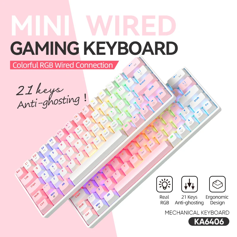 

Keyboard RGB USB Mechanical Gaming Keyboard 63 Keys Wired Detachable Cable Portable Gamer Keyboard Red Switch Keycaps gk61
