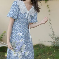 niggeey summer floral chiffon dress women elegant blue puff sleeve lace up midi dress vintage korean style dress 2022
