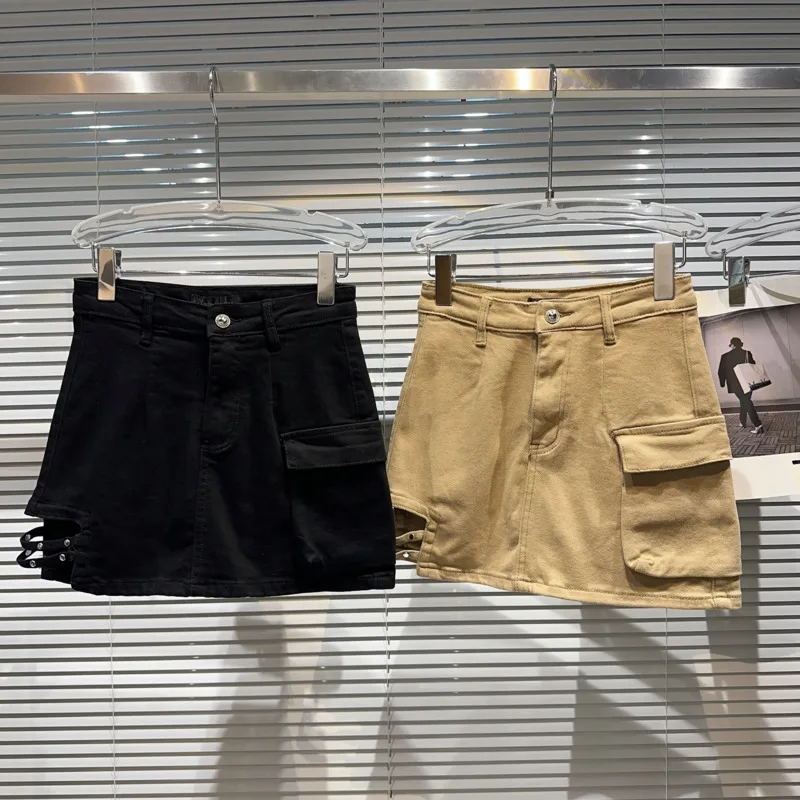 

BORVEMAYS Pockets Hollow Out Slim Skirts Denim Personality Casual High Waist Solid Color 2023 Summer New Women WZ2769
