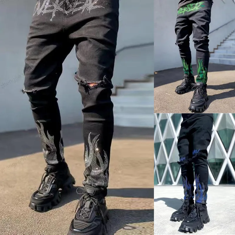 

Men's autumn new style popular street punk hip-hop personality hot drilling hole slim jeans
