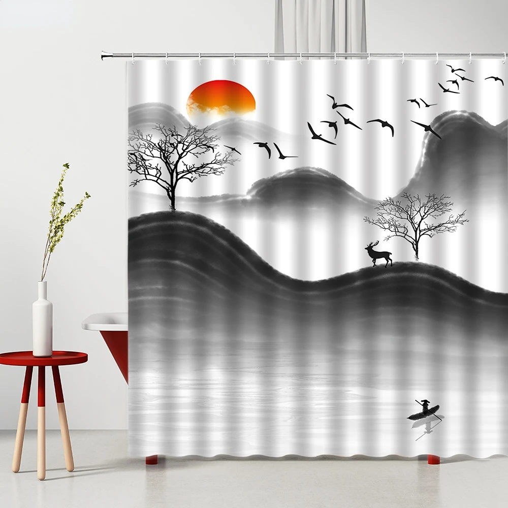 Занавеска для ванной комнаты занавески душа с китайским ландшафтом белые