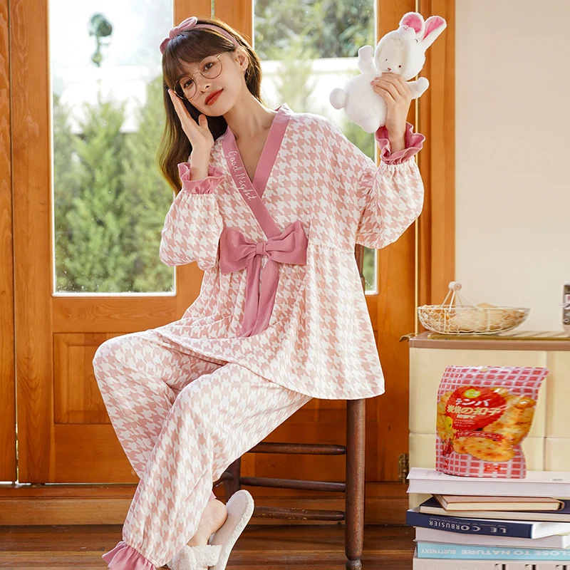 

Женское хлопковое милое кимоно, пижамный комплект, брюки с длинным рукавом, мягкая Домашняя одежда, мягкая одежда для сна с принтом, одежда д...