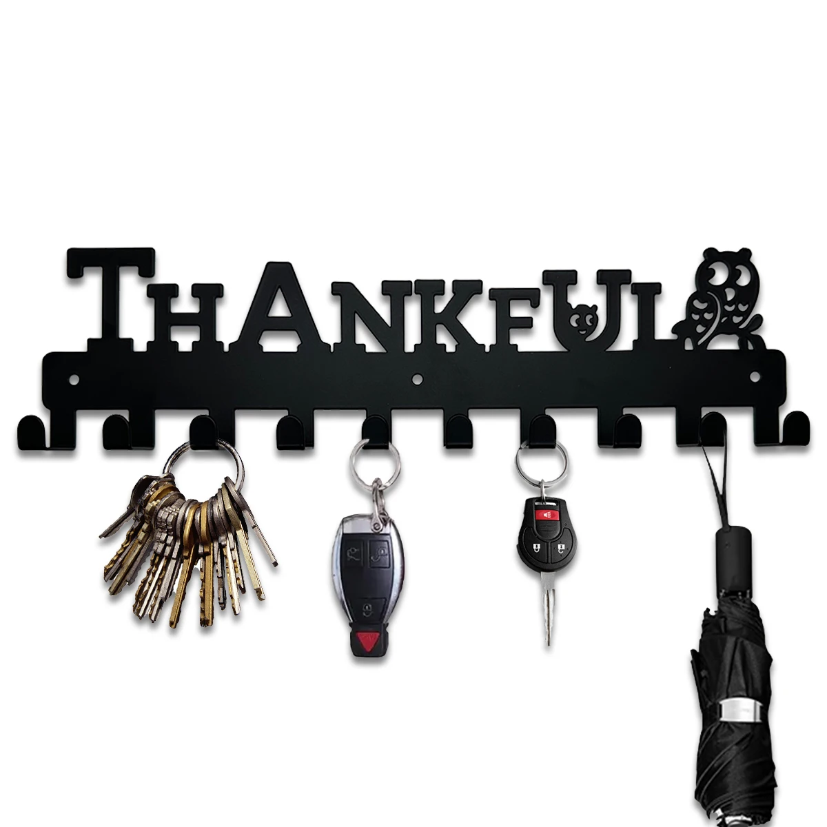 

Black Metal Key Holder 10 Hooks Thankful Owls Wall Mounted Hooks Decorative Hook Organizer Rack Hanging Thanksgiving Day Gifts