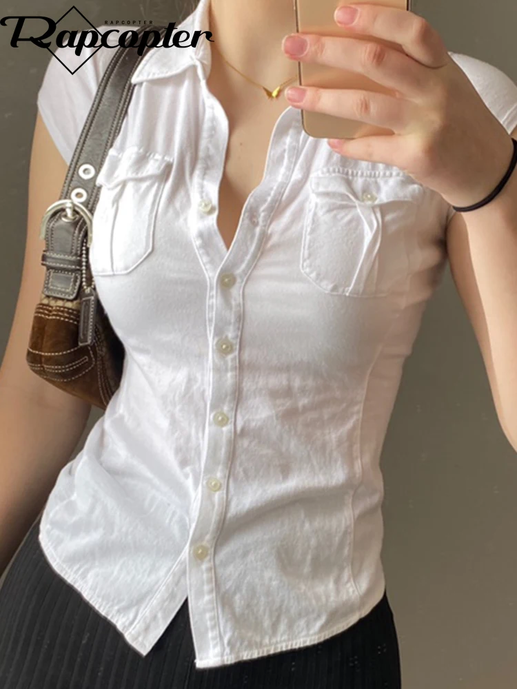 Rapcopter-Top corto con bolsillos y botones para mujer, camiseta informal básica Retro con bolsillos y cuello vuelto, estilo Harajuku, estilo coreano, y2k