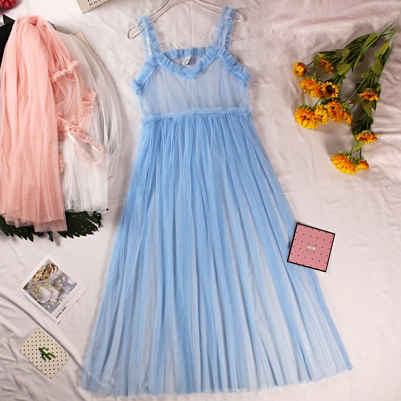 

2023 New Summer Sexy V Neck Mesh Spaghetti Strap Dress Women A Line Large Hem Lace Overall Dress Ladies Fairy Long Maxi Vestidos