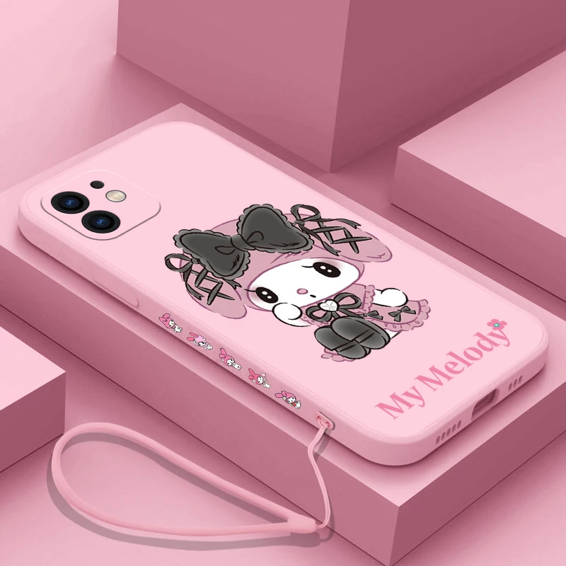 

Sanrio Kuromi My Melody With Lanyard Phone Case For iPhone 14 13 12 11 Pro Max Mini X XR XS MAX SE20 8 7 Plus 6 6S Plus Cover