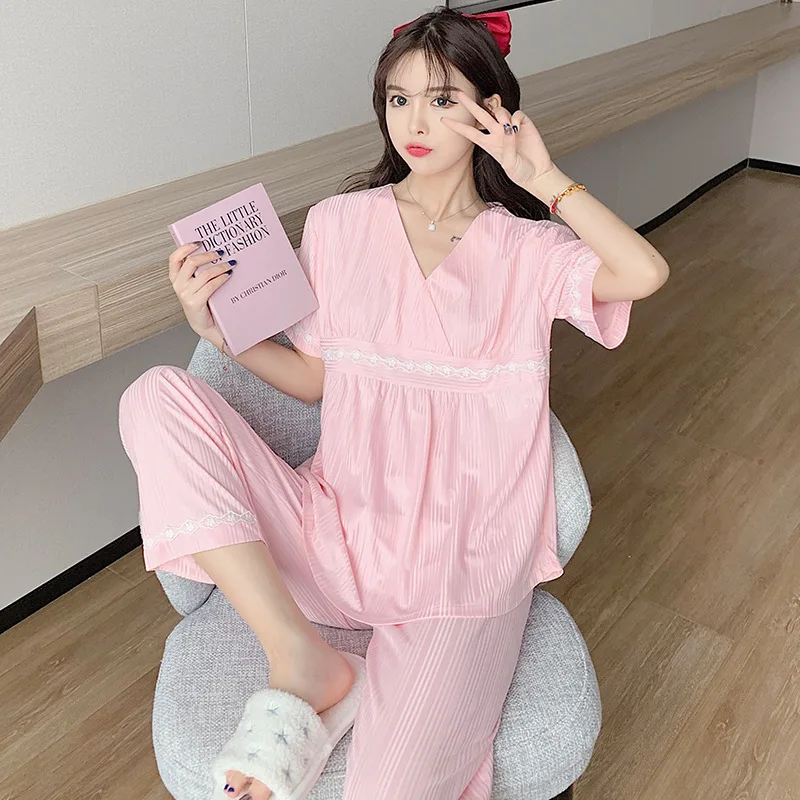 

Women Summer New Lady Palace Style Elegant Leisure Suit Soft Comfortable Cotton Nightclothes Lounge Loose Pajamas Set Sleepwear