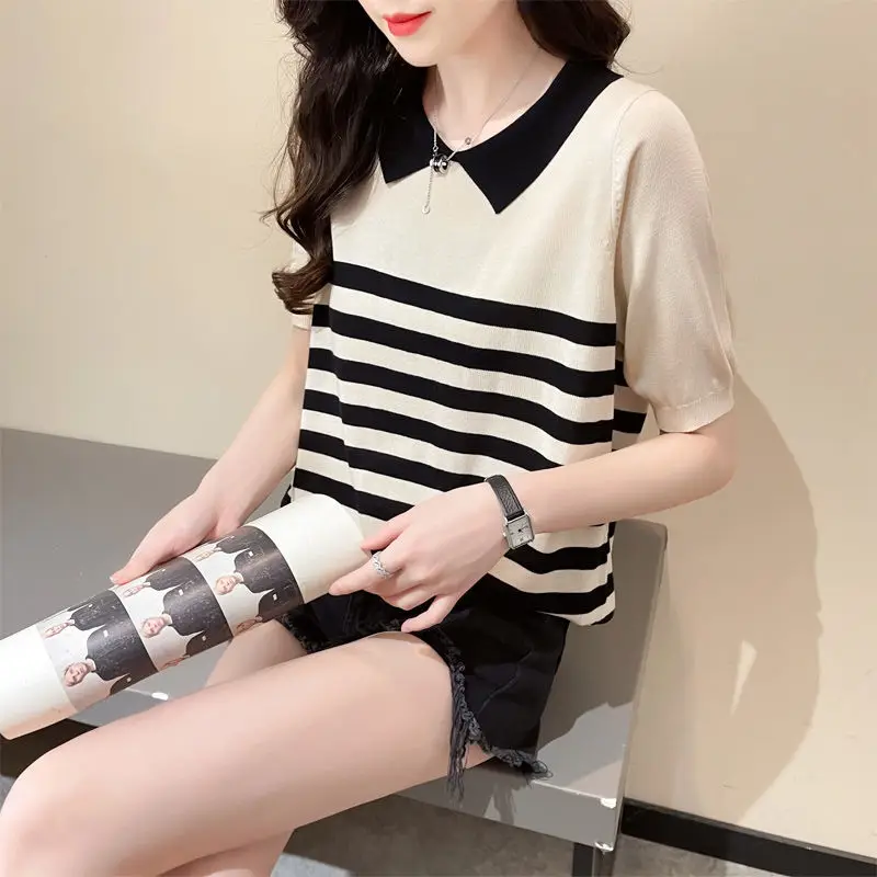 

Summer t shirt female 2022 new loose ice silk knitted short -sleeved T -shirt female summer half -sleeved striped t shirt top