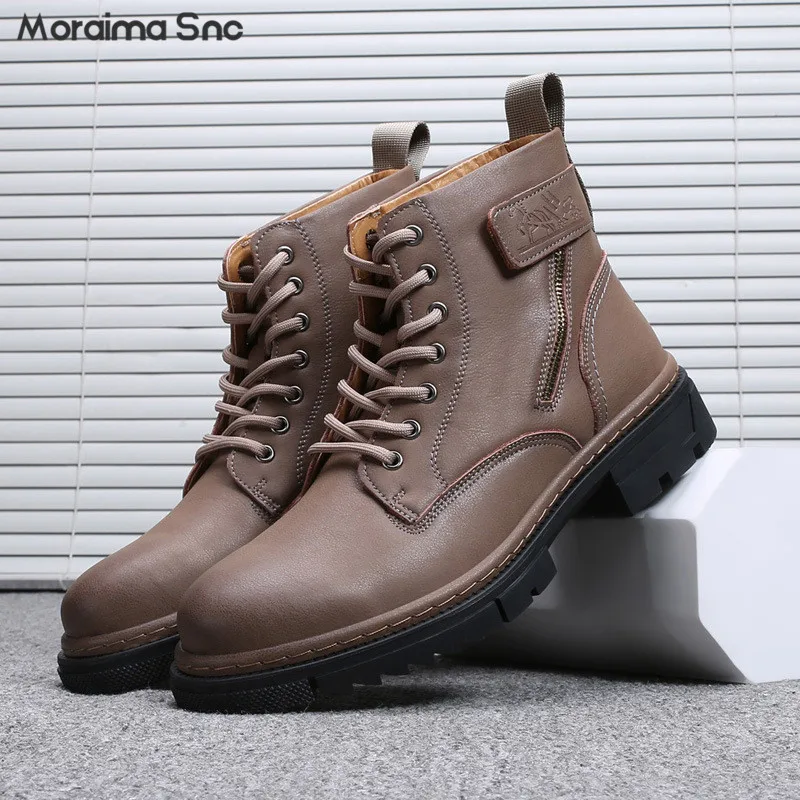 Men's Work Boots Boots Stitching Round Toe Yellow High Top Cowhide Boots Rubber Thick Mid Tube Tie Men's Shoes