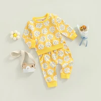 baby girl spring autumn clothes round neck long sleeve flower printed tops and tie up pocketed pants two pieces set