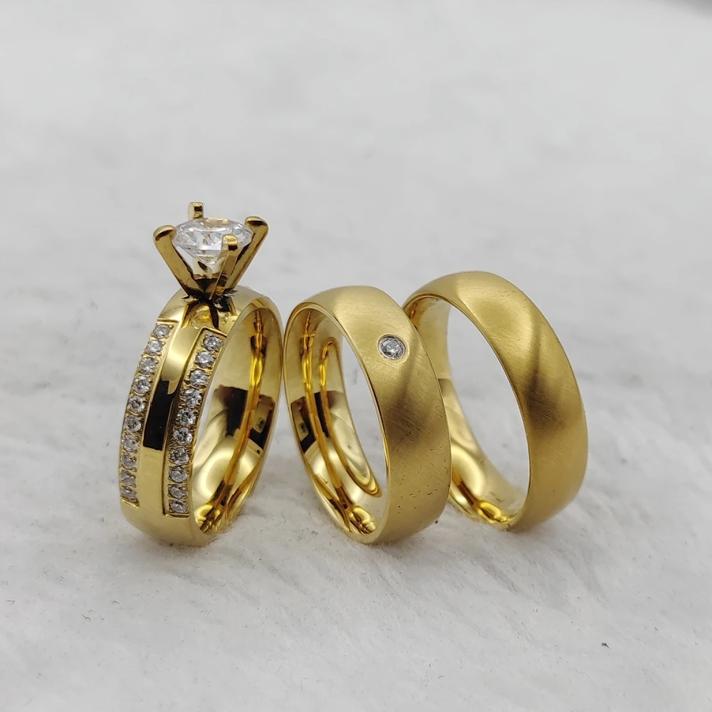 3pcs USA Style Costume Jewelry Accessories Women Wedding Proposals Engagement Rings Set 24K Gold Plated Titanium Couples Ring