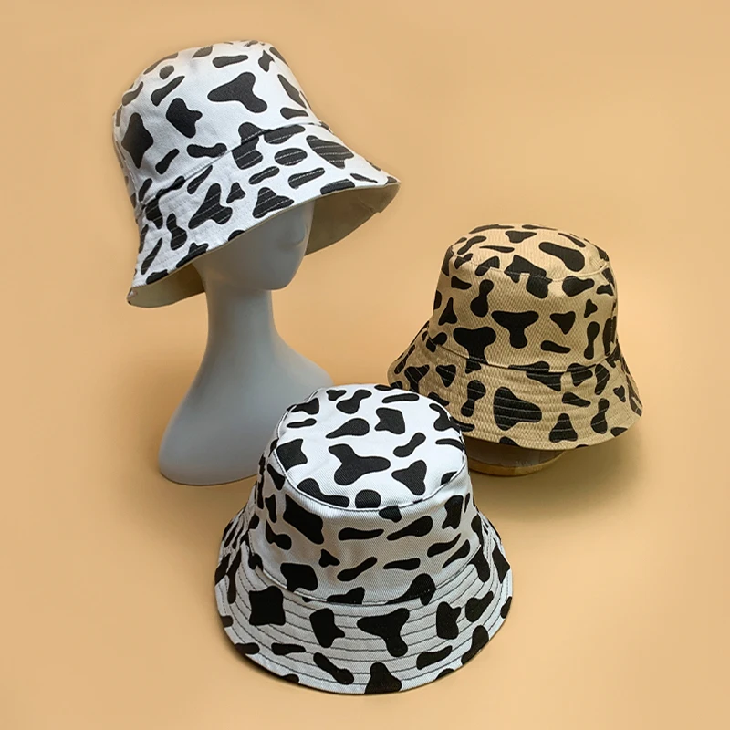 

New Funny Double-sided Women Bucket Hats Cotton Cow Print Comfortable Kpop Soft Dual-use Fisherman Caps Beach Korean Streetwear