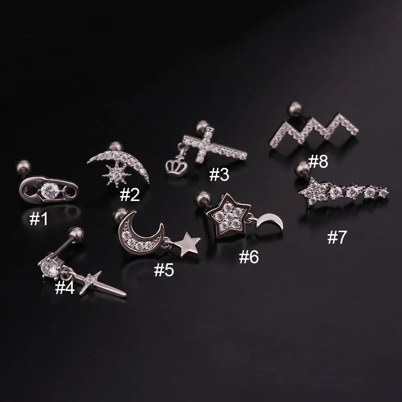 Серьги-гвоздики с фианитом для пирсинга корейский стиль Луна КРОО звезда Козелок