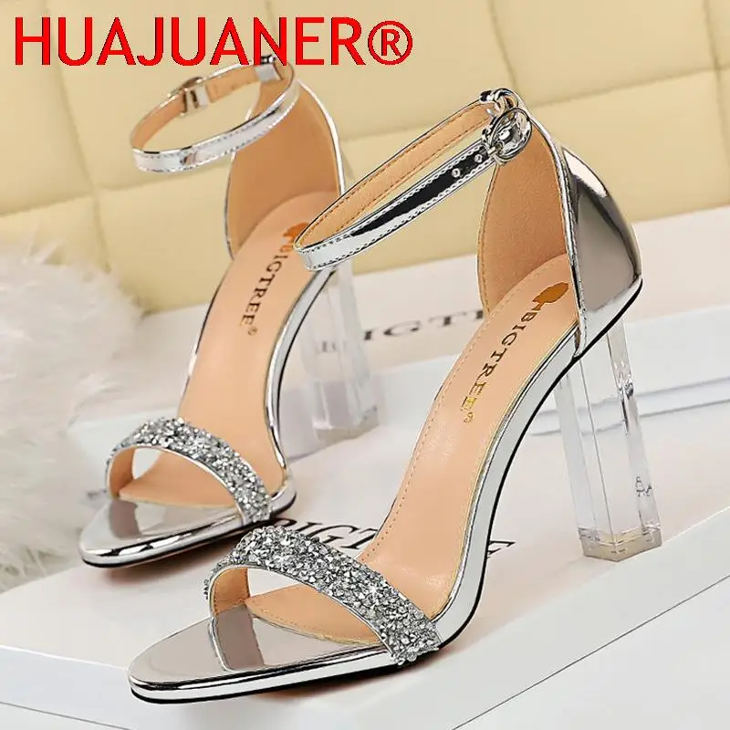 

2022 Summer Women Wedding Shoes 9.5cm High Heels Crystal Sandals Bling Silver Black Heels Suede Pumps Lady Plus Size 43