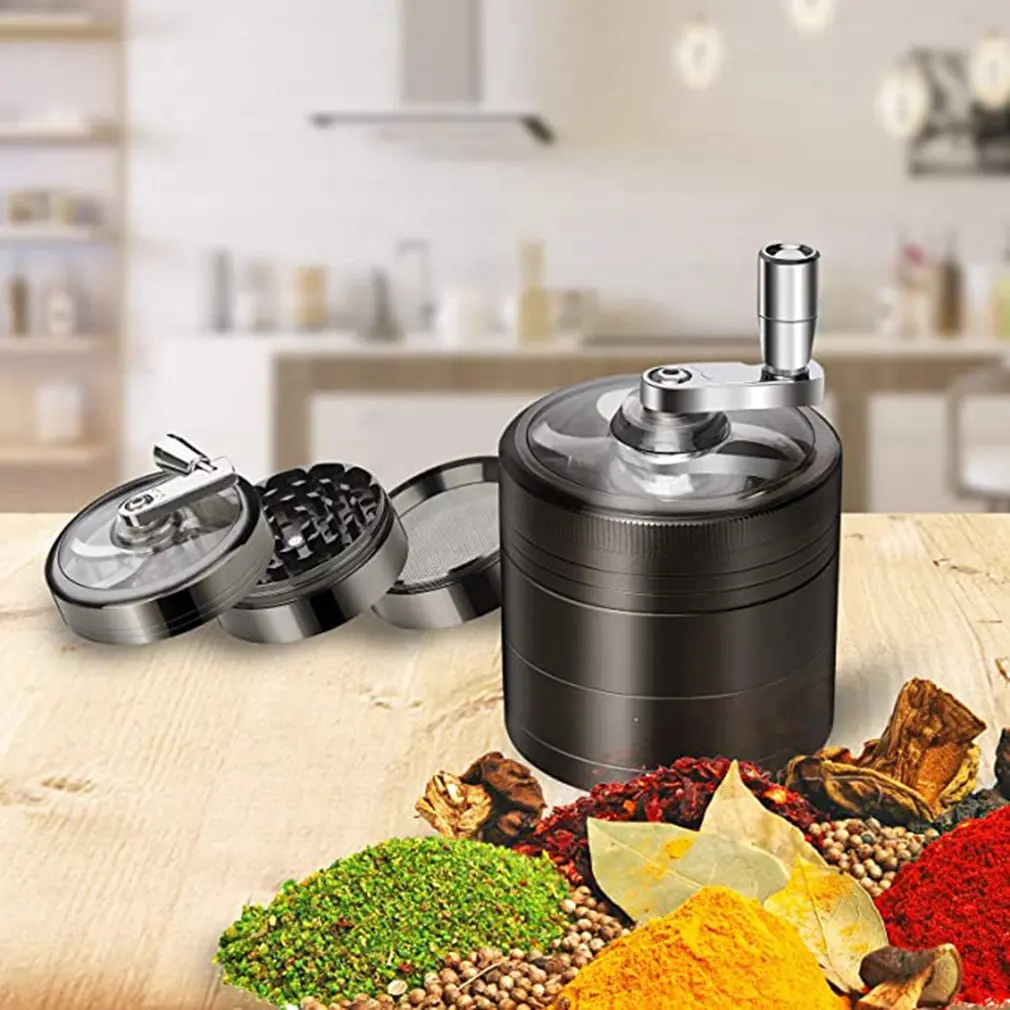 New 4-layer Tobacco Grinder Manual Aluminum Herbal Herb Mill Spice Crusher Smoke Grinder Crusher Hand Crank Muller Accessories images - 6