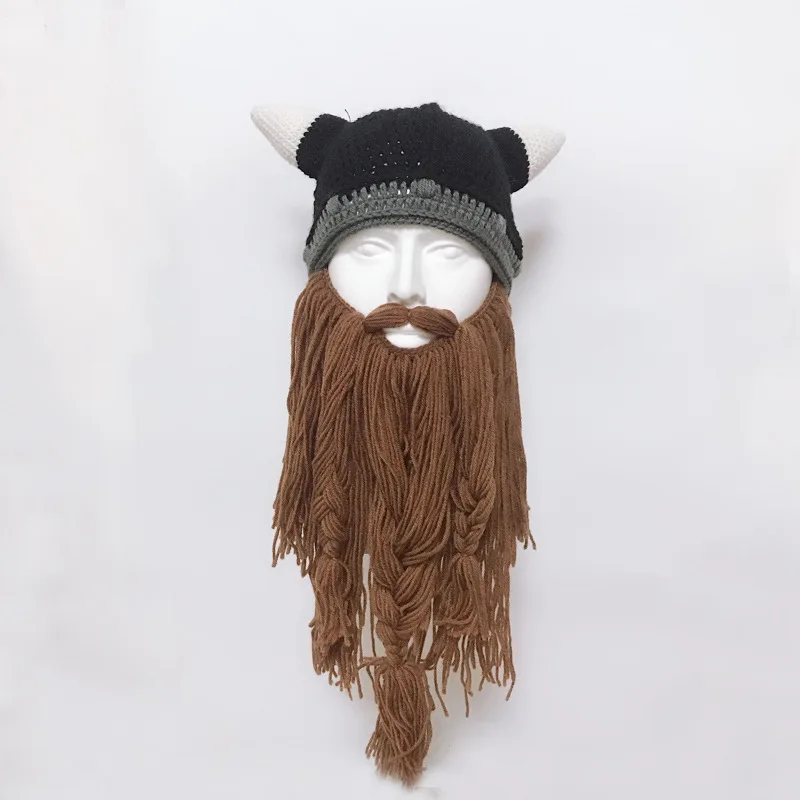 

Funny Men Vikings Beanies Knit Hats Beard Ox Horn Handmade Knitted Men's Winter Hats Warm Caps Women Gift Party Mask Cosplay Cap