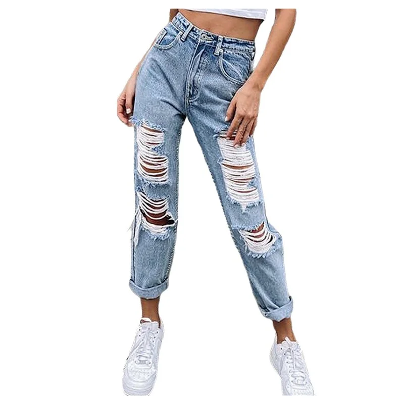 Women Slim Elastic Hole Denim Pants 2023 Fashion Modified Leg Jeans Button High Waist Pocket Pants Female Classical Trousers Pop