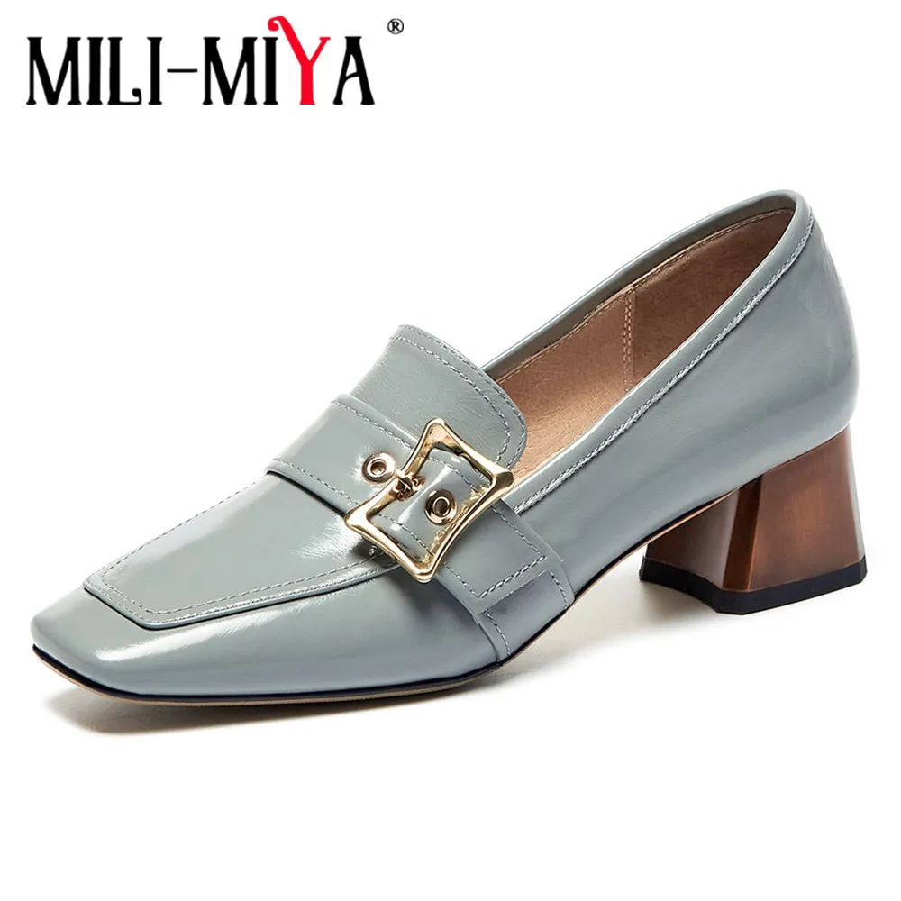 

MILI-MIYA Fashion Square Toe Women Cow Leather Pumps Thick Heels Buckle Strap Slip On Plus Size 34-42 Casual Shoes Handmade
