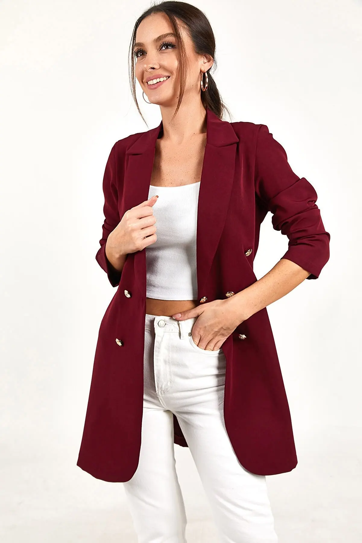 Women Blazer 2023 New Professional OL Solid Color Blazer for Women Casual Double Breasted Mid Length Jacket