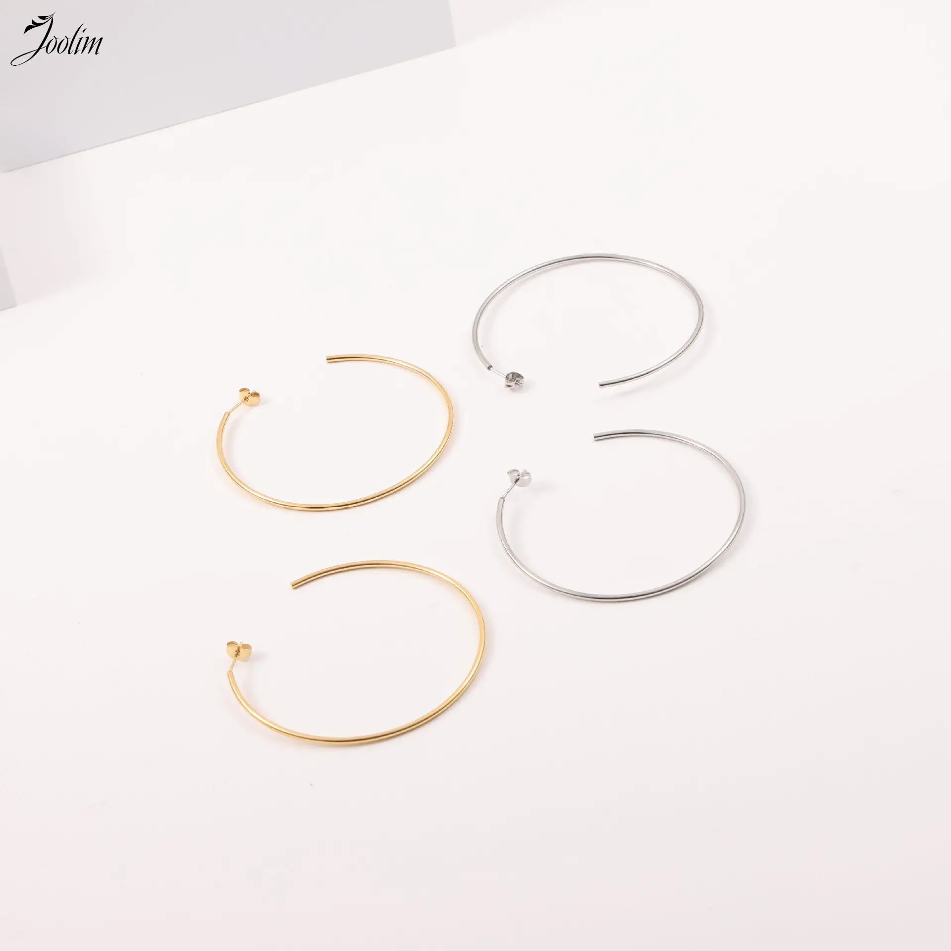 

JOOLIM Jewelry High End PVD Wholesale Non Tarnish Big Linellae Minimalist Basic C-shaped Hoop Stainless Steel Earring For Women