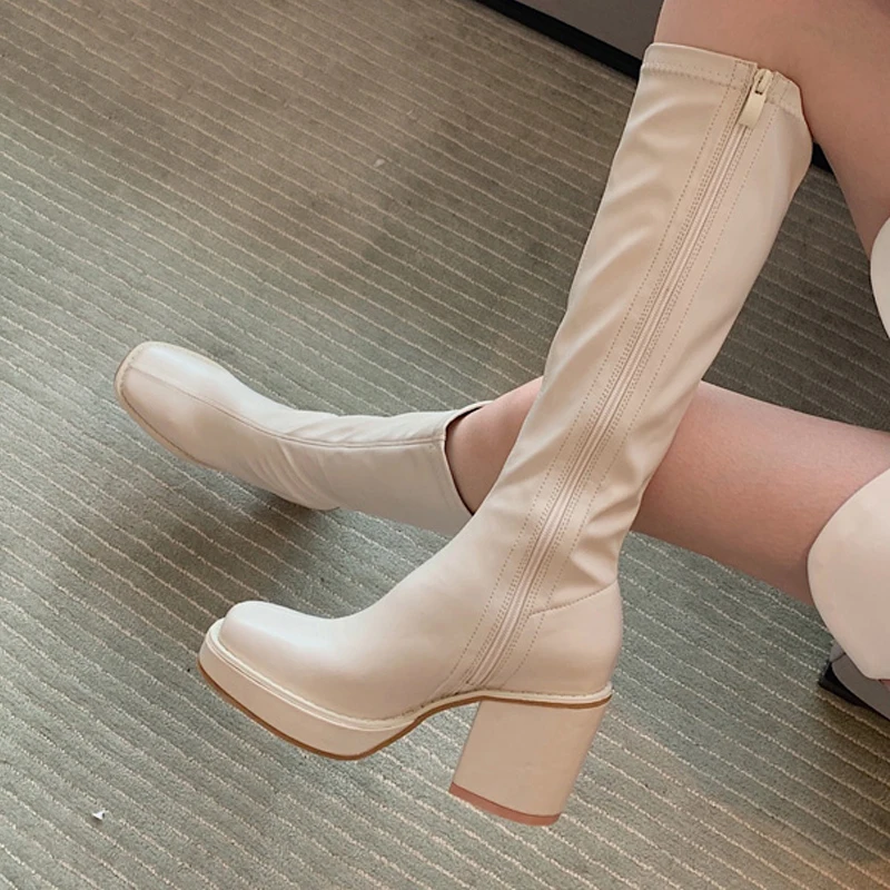 

New Knee High Boots Women Square Heels Casual Winter Long Boot Shoes Ladies Designer Round Toe Zip Fashion Cool Knight Bootties