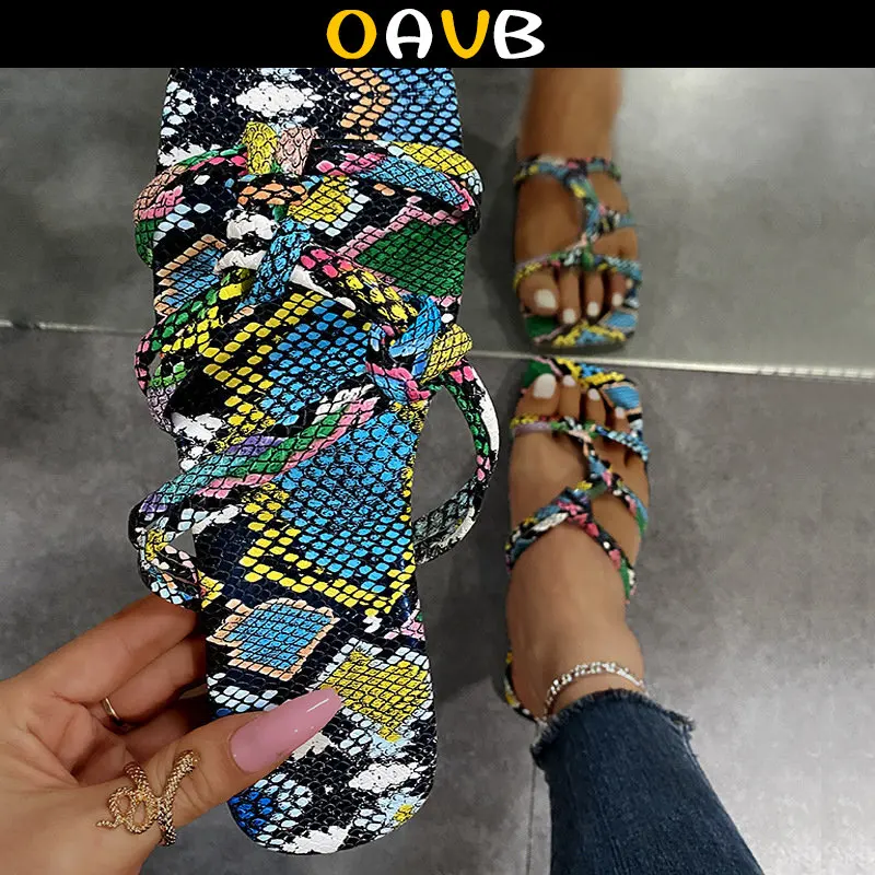 

OAVB Shoes for Women Snake Print Slippers Women Narrow Band Sandals Low Heels Female Slipper Outdoor Beach Slides Summer 2023