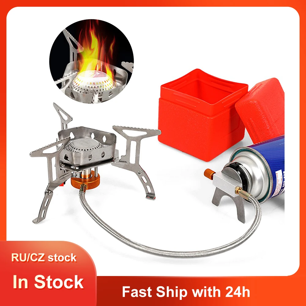 3500В Ультра-легкий складной портативный газовый плита с чехлом для хранения для открытого похода и похода с ветрозащитным горелкой.