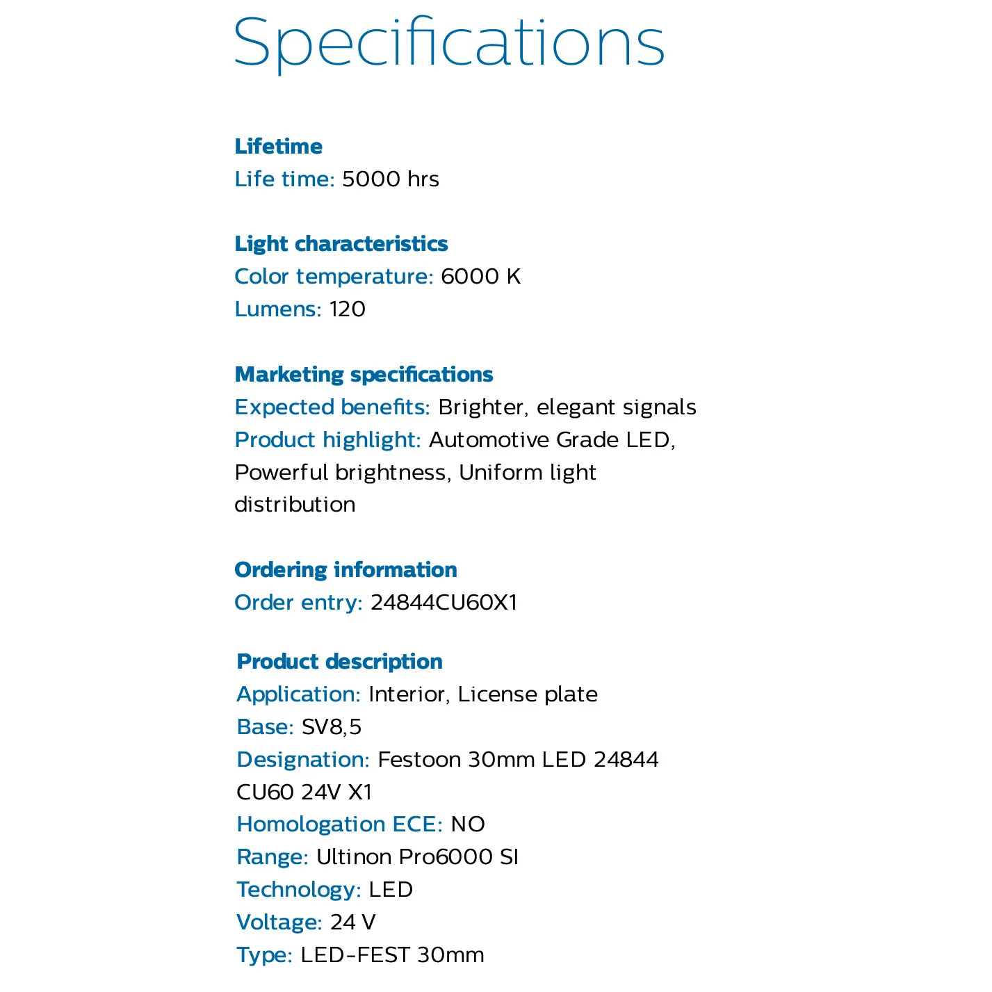 Philips LED C5W Festoon 30 мм Грузовик 24 В Fest Ultinon Pro6000 6000K Холодный белый Внутренняя