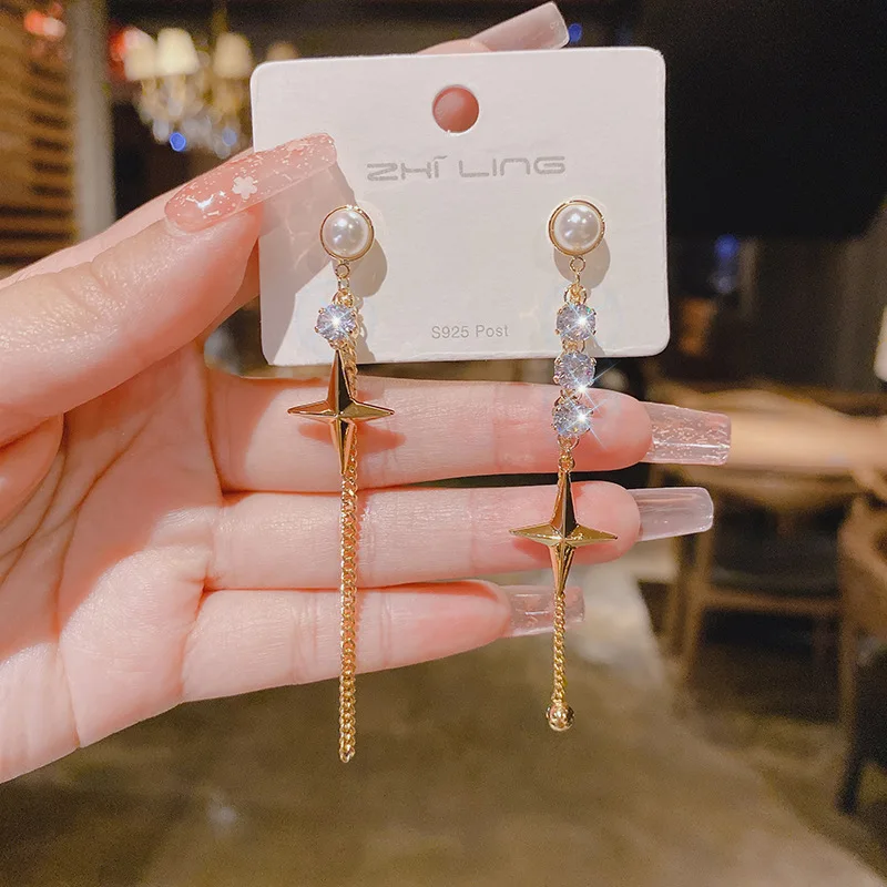 

Long Pearl Diamond Inlaid Exquisite Small Earrings For Women Female Summer 2022 New Asymmetric Star Korean Fashion Jewelry Gifts