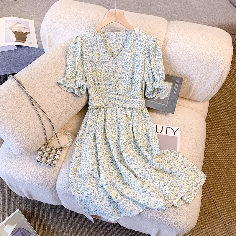 

Women's V-neck Small Fresh Floral Dress Short Sleeve Dress New Summer Chic Color Contrast Temperament Female A-line Long Skirt