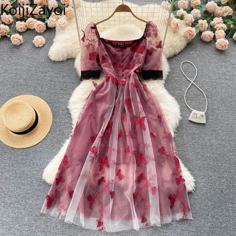 

Женское вечернее платье макси Koijizayoi с аппликацией бабочки, модные летние платья с коротким рукавом и квадратным вырезом, трапециевидные пл...