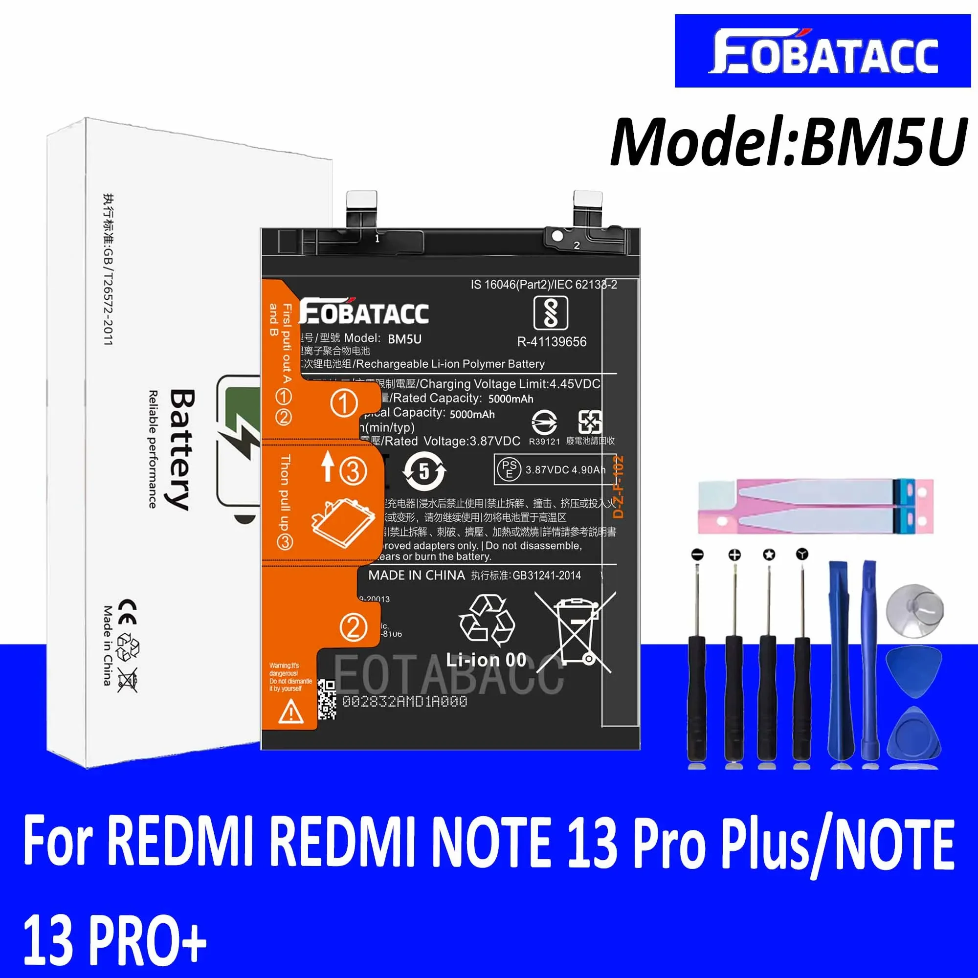 EOTABACC 100% Новый оригинальный аккумулятор BM5U для XIAOMI REDMI NOTE 13 Pro Plus/NOTE PRO + Инструменты