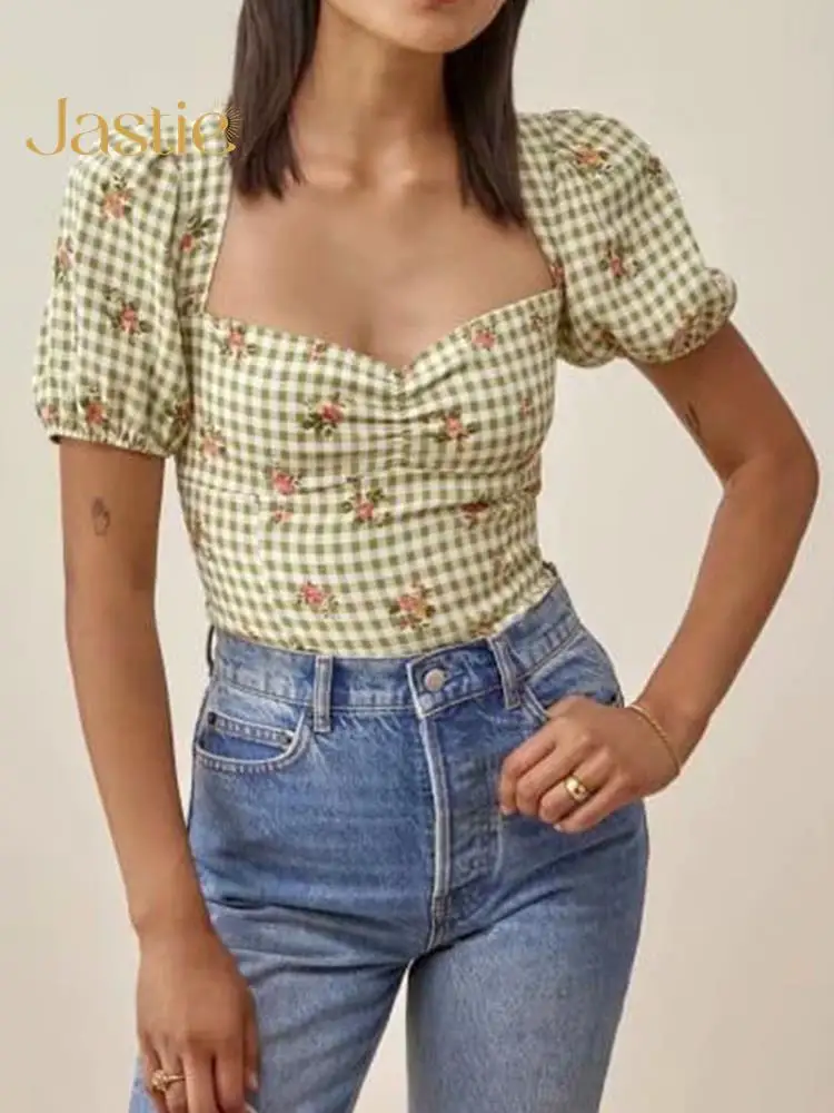 

Jastie/летние клетчатые рубашки с принтом для женщин, с коротким рукавом, в богемном стиле, зеленого цвета, с квадратным воротником, с цветочным принтом, Короткие топы, повседневные, праздничные блузки для женщин