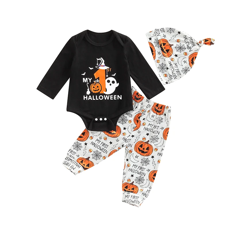 

Baby's Clothes Boys Halloween Pants Set Long Sleeve Crew Neck Romper with Pumpkin Letters Print Pants Hat Children's Clothing