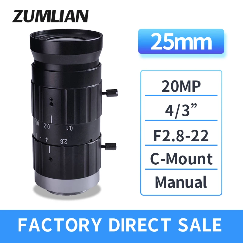 

HD 20MP Manual Iris 25mm 4/3" F2.8 C Mount FA Lens for CCTV lens Machine Vision Lens camera Low distortion industrial lens ITS