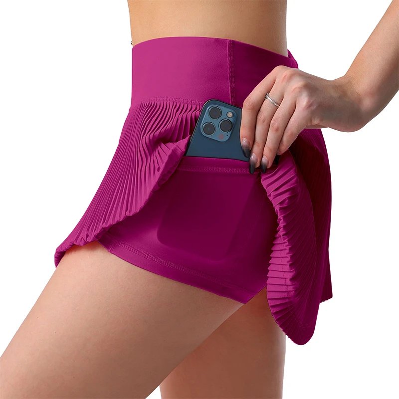 CUGOAO Women Rose Red Pleated Tennis Skorts Solid Fashion Sexy Golf Badminton Fitness Skirts with Pocket Female Gym Sportswear