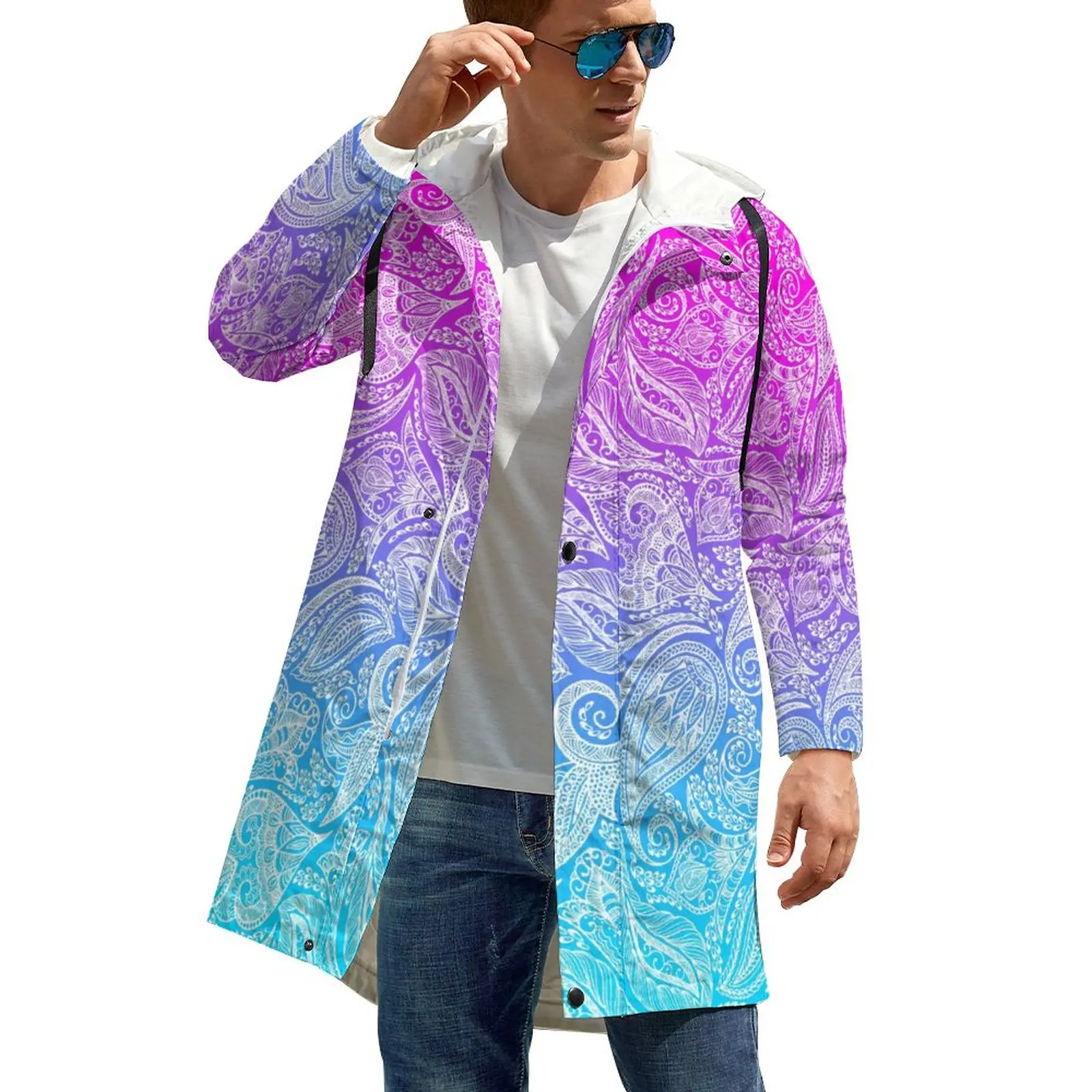 

Pink to Blue Ombre Coats White Floral Paisley Aesthetic Casual Autumn Jackets Outdoor Windbreakers Oversized Waterproof Clothing