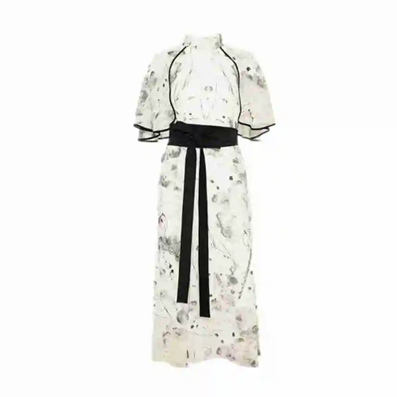 Ink Printing National Fashion Cheongsam Improved Dress Chiffon Dress Deep